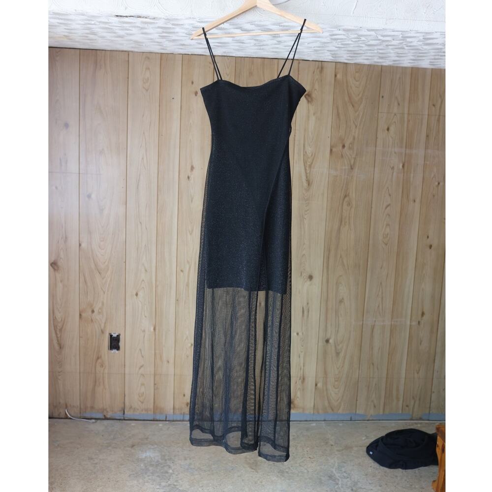 Vintage Y2K Black Sparkle Sheer Mesh Overlay Mini Dress Made in USA Medium